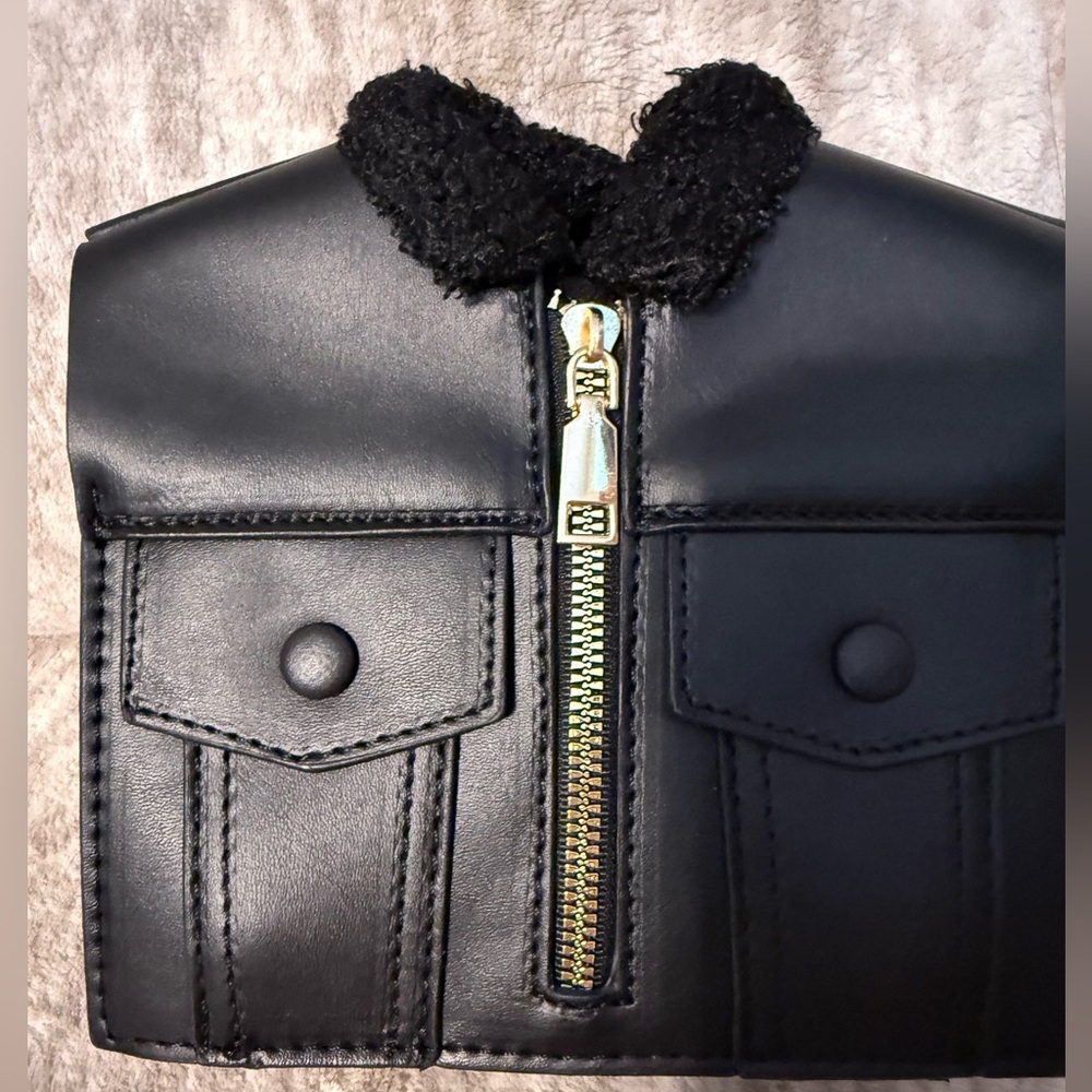 Black Faux Leather Jacket CrossBody Shoulder Bag with Gold Zipper